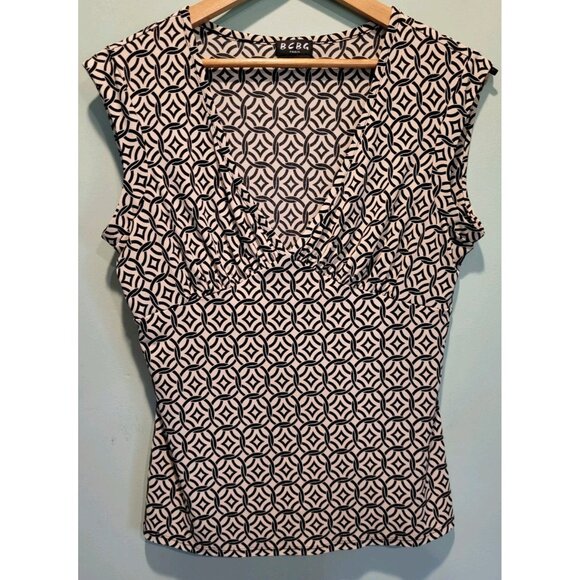BCBG Tops - Y2K BCBG Black Tan Geometric Babydoll Sleeveless Top Sz L
